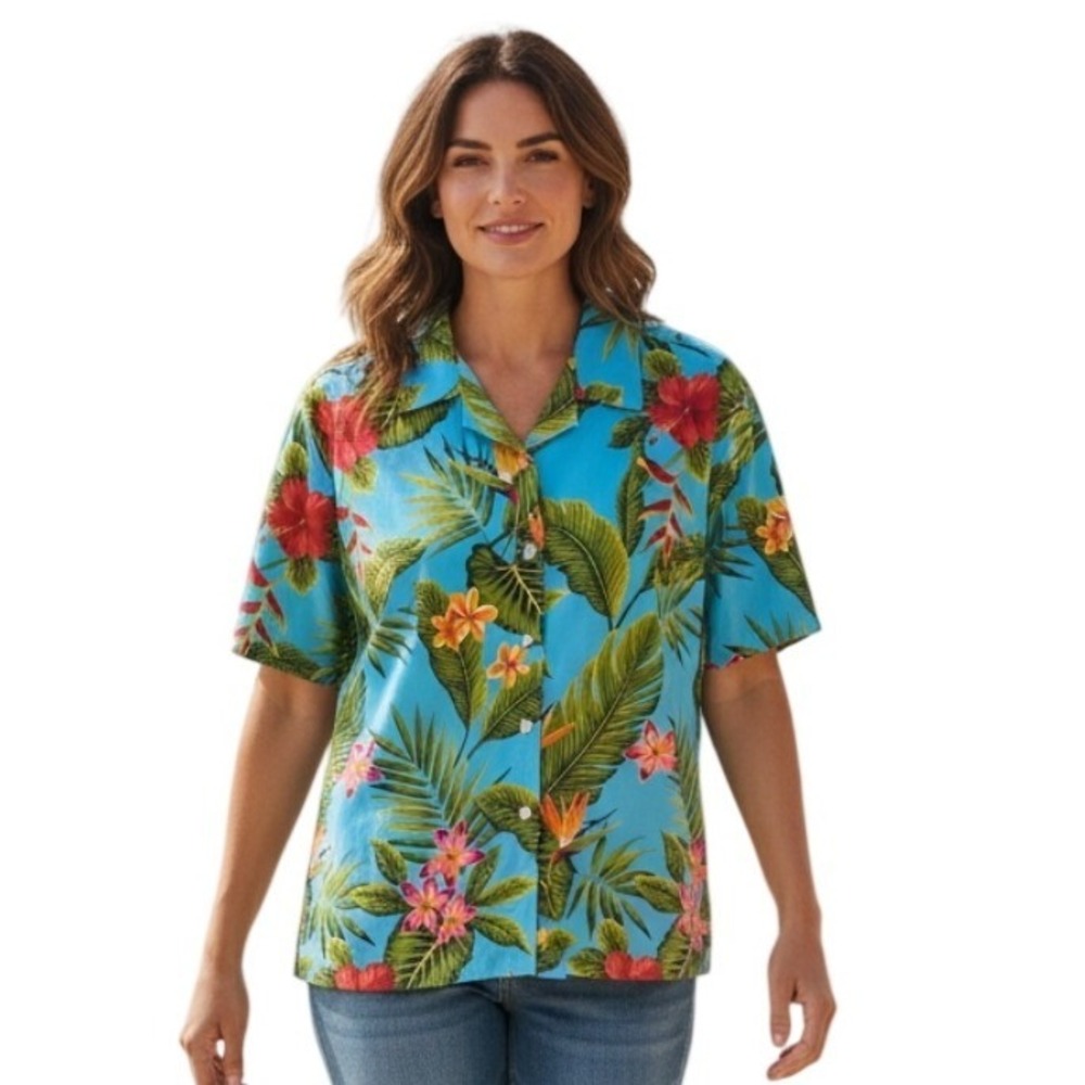 Go Barefoot Hawaiian Tropical Women's size 2X Button Down Beach Resortwear Shirt